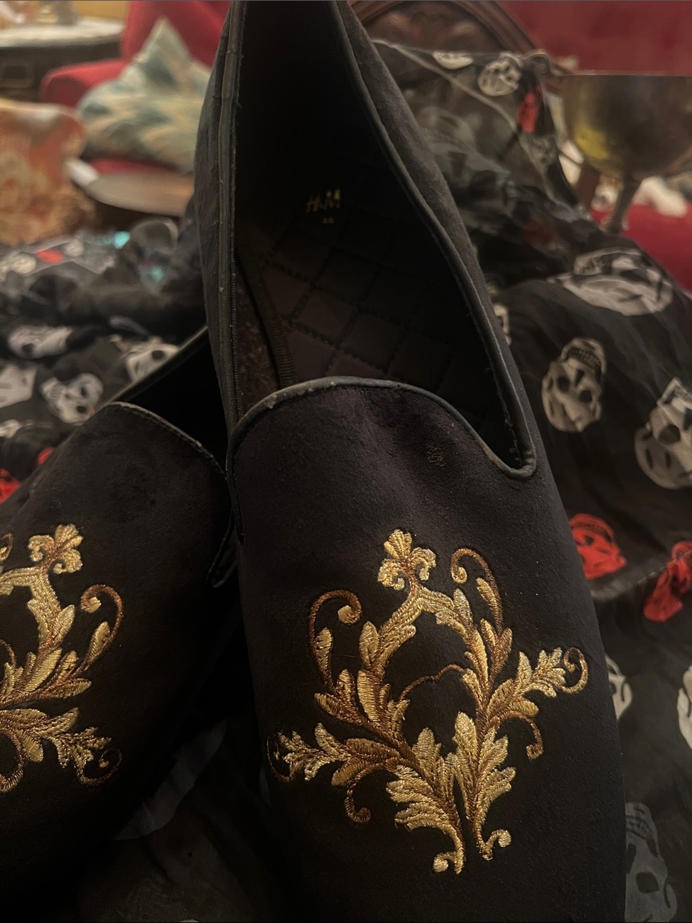 MEMORIAL DAY SPECIAL H&M Black Velvet Slip-On Loafers with Gold Embroidery